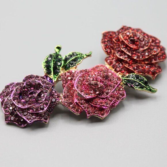 Jewelry pin brooch rose roses flower large gold tone pink red purple fashion - Picture 9 of 12
